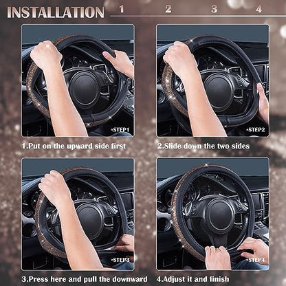 CAR PASS Bling Champagne Diamond Steering Wheel Cover, Black Leather Universal Fit 14.5-15inch Glitter Rhinestones for Women Sparkle Crystal Girly Shining for SUV,Vans,Sedan,Car,Truck, Black Champagne - color: Gold Champagne