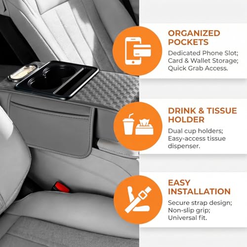Car Center Console Armrest Pillow, 5-in-1 Armrest Box Cover with Cup Phone Holder & Storage Pocket Tissue Box, Multifunctional Auto Middle Console Arm Rest Protector, Universal Fit (Gray) - color: Gray