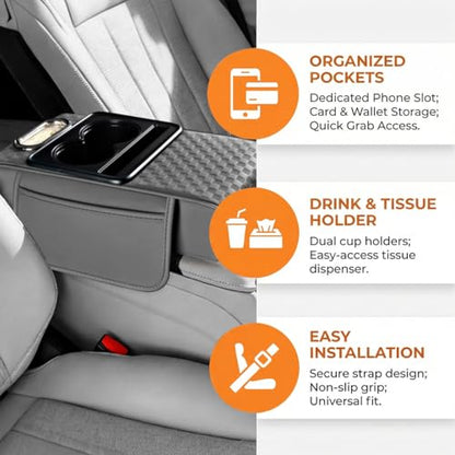 Car Center Console Armrest Pillow, 5-in-1 Armrest Box Cover with Cup Phone Holder & Storage Pocket Tissue Box, Multifunctional Auto Middle Console Arm Rest Protector, Universal Fit (Gray) - color: Gray