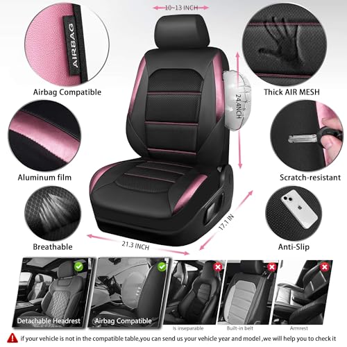 CAR PASS Memory Foam Car Seat Covers,Air Cool Mesh Thick Seat Covers Front Seats,Pink Metal Film Leather Seat Cover for Car,Universal Automotive Comfort for Most Car,Truck,Airbag Compatible,Black Pink