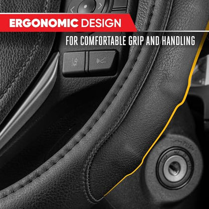 Motor Trend GripDrive Faux Black Leather Steering Wheel Cover for Car Truck Van SUV, Small 14 inch Size, Solid Black Stitched Car Steering Wheel Cover Vehicle & Auto Accessories