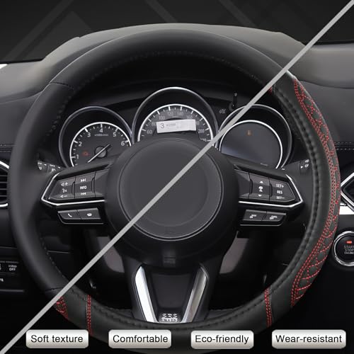 Car Steering Wheel Cover for Mazda 3,5,6,CX-3,CX-5,CX-30,CX-50,CX9,CX-9,MX-5 Miata,CX-7,RX-8,14.5-15 inches(Diamond Quilted-Black+Red-Standard Size) - color: Diamond Quilted-Black+Red