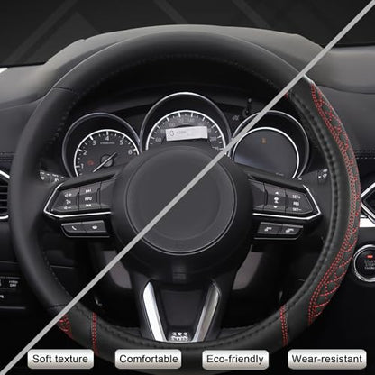 Car Steering Wheel Cover for Mazda 3,5,6,CX-3,CX-5,CX-30,CX-50,CX9,CX-9,MX-5 Miata,CX-7,RX-8,14.5-15 inches(Diamond Quilted-Black+Red-Standard Size) - color: Diamond Quilted-Black+Red