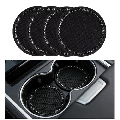 Yousheng PCS Bling Car Cup Coaster, Universal Holder Insert Rhinestone Anti Slip Silicone Accessories Suitable for Most Interior, Best Gift Women, Black and Black - color: Black and Black, size: 4 Count