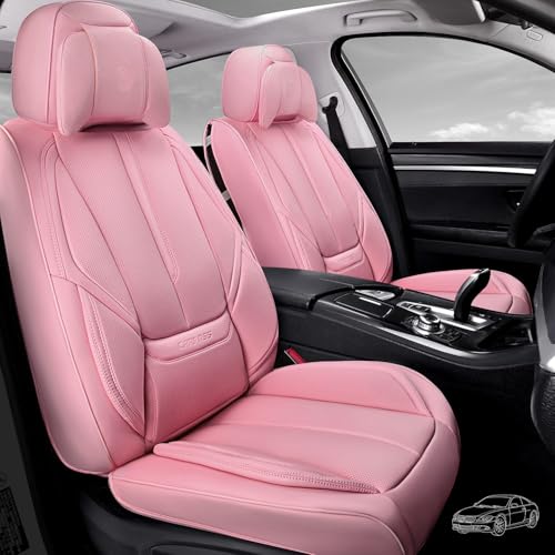 CAR PASS Nappa Leather Seat Covers Full Set Cushioned, Universal Waterproof Durable, All Pink Car Seat Covers Leatherette Support Lumbar Women Fit for SUV Pick-up Truck Sedan Cute 5 Seats Solid Pink - color: Pink Full Sets