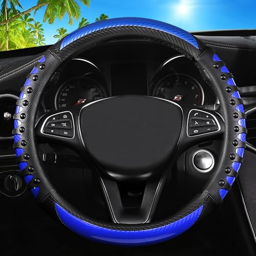 Car Leather Steering Wheel Cover - Carbon Fibre Material, Universal 14.5-15 Inch Leather Anti-Slip Breathable Auto Steering Wheel Covers for Men Women (3D Massage - Sports Blue) - color: 3D Massage - Sports Blue