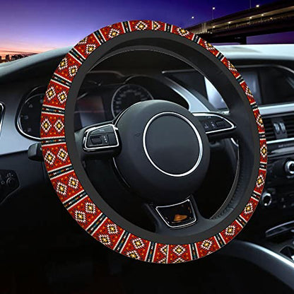 Swono Geometric Red Universal 15" Steering Wheel Covers Traditional Ethnic Tribal Colorful Geometric Pattern Cute Car Steering Wheel Cover for Men Women Girls Car Accessories - color: multi-048