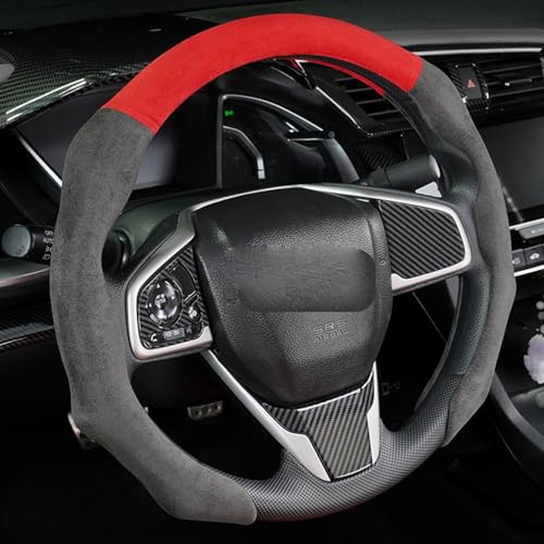 Quick Install Sporty Suede Steering Wheel Cover + Red Top for Tesla Model 3 Y Corolla RAV4 Camry Civic Accord CR-V fit 14 ½ to 15 inches Car SUV Pickup 14.5 - color: Black+Red Top, size: Suede