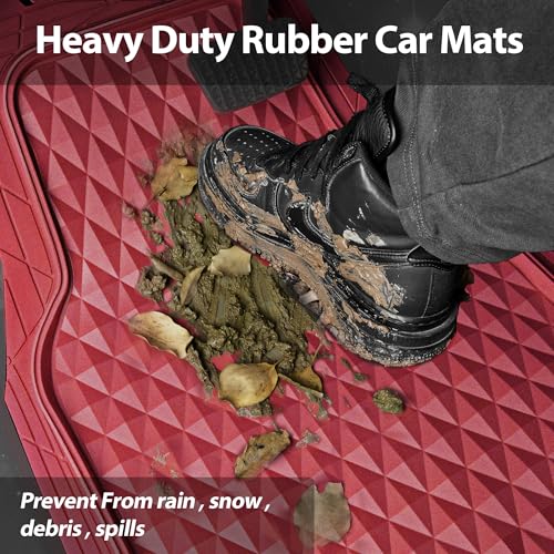 CAR PASS Heavy Duty Rubber Red Car Floor Mats & Cargo Liners, Deep Dish All-Weather Trunk Mats Durable Anti-Slip 3D Rhombus Waterproof Trim to Fit Liner Universal Fit Auto,Sedan,SUV,Truck, Burgundy - color: red with cargo liner