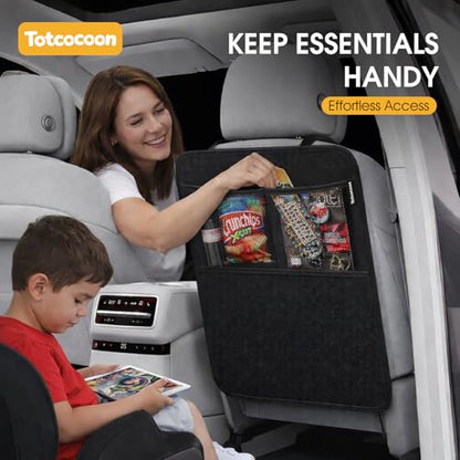 Car Back Seat Protector, 2-Pack Black Waterproof Kick Mats with Custom Storage Pockets, Universal Fit 600D Oxford Fabric Backseat Covers, X-Large Size with Zipper Storage Bag