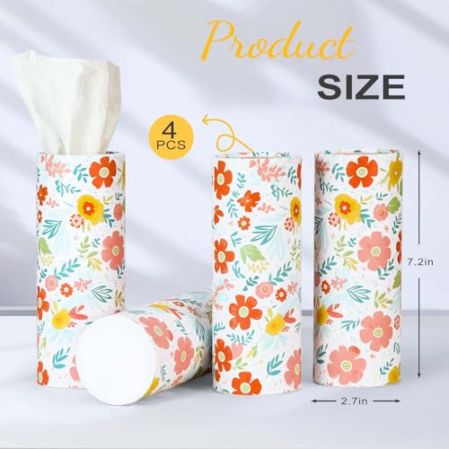 Car Tissue Holder Cylinder - 4 Pack, 50 3-Ply Tissues per Cylinder, Fits Car Cup Holders, Portable, Floral Design, Round Tissue Box for Car - style: Floral