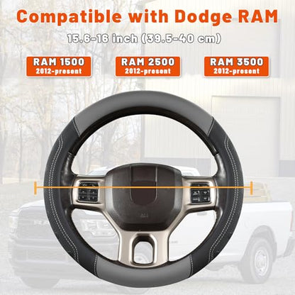 GIANT PANDA Car Steering Wheel Cover for RAM 1500 2500 3500, Compatible with Dodge RAM 15.5-16 inches - Black+Gray - color: A-Black+Gray