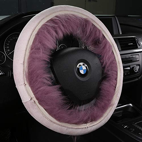 3Pcs Set Fashion Fluffy Fuzzy Wool Fur Soft Car Steering Wheel Cover with Handbrake Cover & Gear Shift Cover for Women/Girls/Ladies Auto Long Wool Accessories, Pink