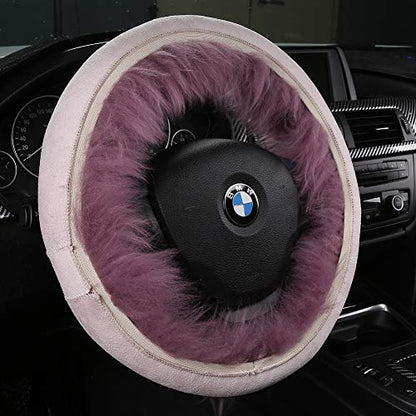 3Pcs Set Fashion Fluffy Fuzzy Wool Fur Soft Car Steering Wheel Cover with Handbrake Cover & Gear Shift Cover for Women/Girls/Ladies Auto Long Wool Accessories, Pink