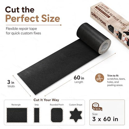 ONine Leather Repair Tape,Self Adhesive Leather Repair Patch,Leather Patches for Furniture,Sofa,Car Seats,Office Chair. Vinyl Repair Kit 3x60in (Black) - color: Black, size: 3 x 60 inches