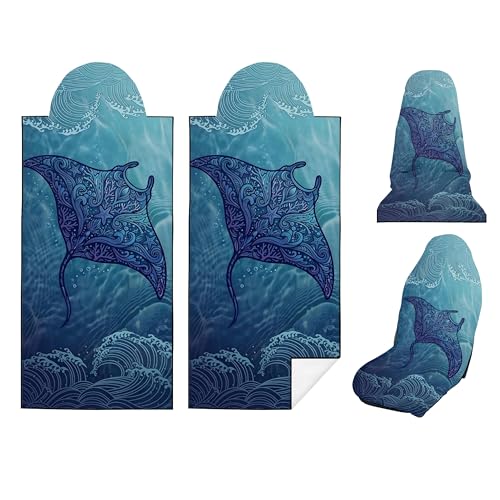 2 Pack Car Seat Towel Covers, Sweat-Proof Microfiber Seat Protectors for Gym, Running, Beach & Workout, Breathable Quick-Dry, Machine Washable, Coral Manta Ray Print, Universal Fit