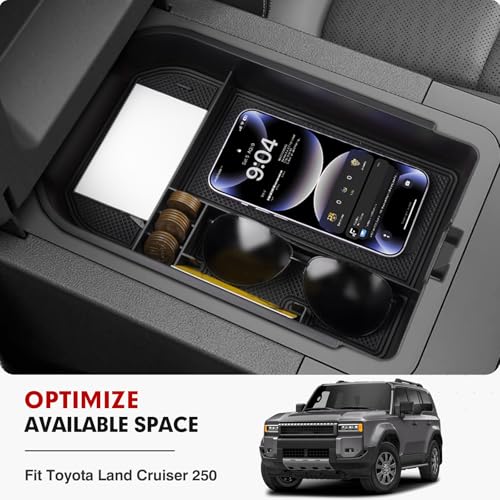 Autorder Center Console Organizer for 2024 2025 2026 Toyota Land Cruiser 250 Prado J250 LC250 Accessories Armrest Storage Box Secondary Insert Tray with Black & Red Silicone Mats(Not for Cool Box) - size: 2024-2026 Toyota Land Cruiser