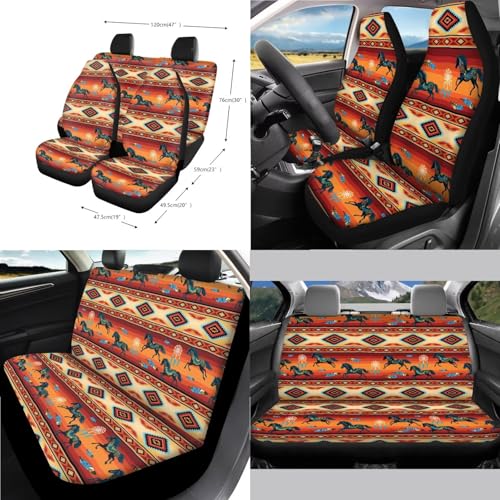 Wanyint Car Seat Cover Full Set 14 Pack, with Steering Wheel Seat Belt Rear View Mirror Center Console Trash Can Coaster Gear Shift Knob Cover Set Universal Fit, Aztec Navajo Horse Orange - color: Aztec Navajo Horse Orange