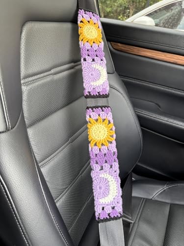 Handmade Crochet Sun Moon Car Steering Wheel Covers Universal 14-15 inch,Cute Steering Wheel Cover,Car Accessories (B:Wheel Cover+2 Belt Cover) - color: B:Wheel Cover+2 Belt Cover