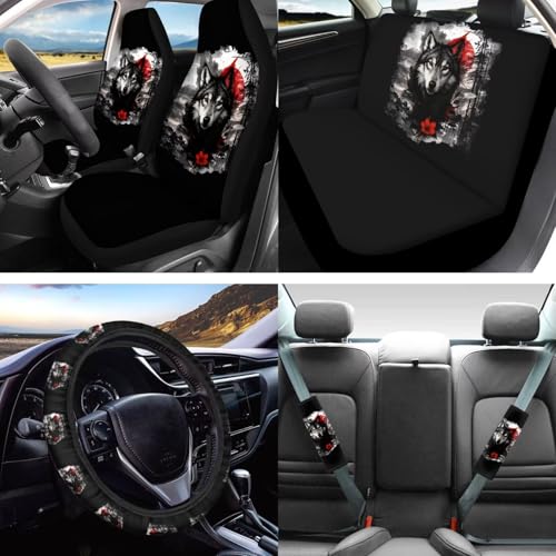 Wolf Flower Printed 16 Piece Car Interior Cover Set, Car Front Rear Seat Covers with Steering Wheel Protector Center Console Covers Seatbelt Pads Head Rest Cover Cars Coaster, Universal Fit - color: Black and Gray - Wolf Flower