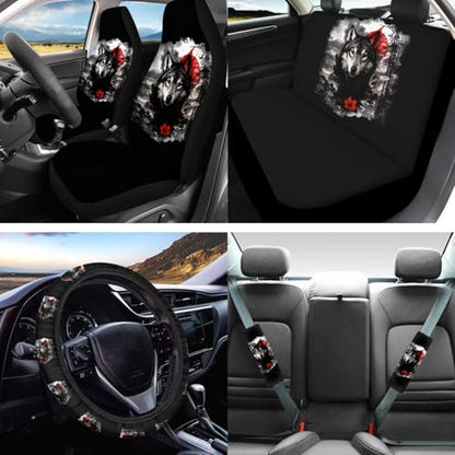 Wolf Flower Printed 16 Piece Car Interior Cover Set, Car Front Rear Seat Covers with Steering Wheel Protector Center Console Covers Seatbelt Pads Head Rest Cover Cars Coaster, Universal Fit - color: Black and Gray - Wolf Flower