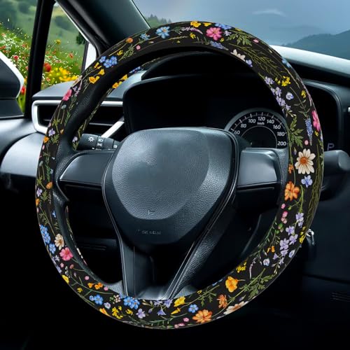 Wildflower Car Steering Wheel Cover, Flower Car Accessory for Diverse Cars, Cute Floral Print Steering Wheel Cover Protector for Women, for Steering Wheel with a Diameter of 14.5"-15" (Wildflower) - color: Wildflower