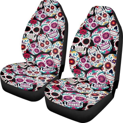 Dreaweet Sugar Skull Design Seat Covers for Cars Halloween Car Accessories Interior 2 Piece Easy Installation Elastic Front Car Seat Cover Washable Universal Fit SUV Sedan Trucks - color: Sugar Skull Design