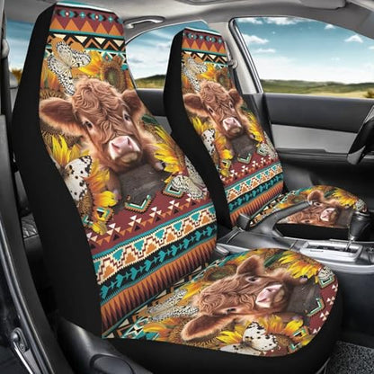 Highland Cattle Car Seat Covers for Women 2 Piece Vehicle Bucket Seat Covers Butterfly Sunflower Print High Back Breathable Front Seats Covers Auto Accessories - color: Highland Cattle Butterfly Sunflower