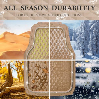 CAR PASS Bling Diamond Rubber Car Mats, Heavy Duty Deep Dish All-Weather Floor Mat Full Set Anti-Slip 3D Rhombus Waterproof Trim Fit Liner Universal Glitter Sparkly Shining Rhinestone, Beige Rubber - color: Beige Diamond
