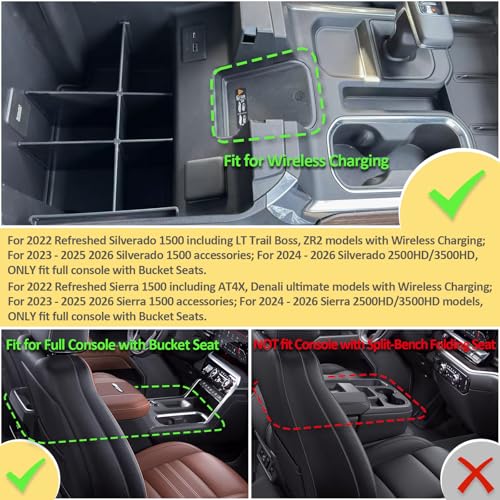 Center Console Organizer Compatible with 2022 2023-2025 2026 Chevy Silverado/GMC Sierra 1500 & 2024 2025 2026 Silverado/Sierra 2500HD 3500HD Accessories, Armrest Divider Front Bucket Seats ONLY