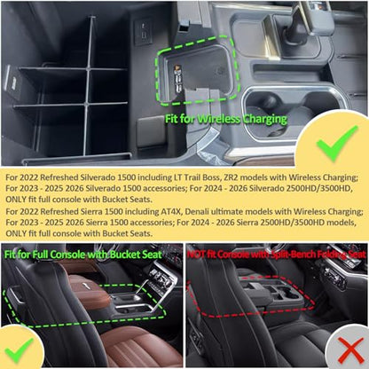 Center Console Organizer Compatible with 2022 2023-2025 2026 Chevy Silverado/GMC Sierra 1500 & 2024 2025 2026 Silverado/Sierra 2500HD 3500HD Accessories, Armrest Divider Front Bucket Seats ONLY