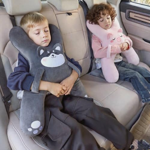 Car Pillow for Travel – Animal-Themed Car Seat Cushion with Safety Belt Protector – 4 Cute Styles: Pig, Dog, Rabbit, Panda (Dog) - color: Dog