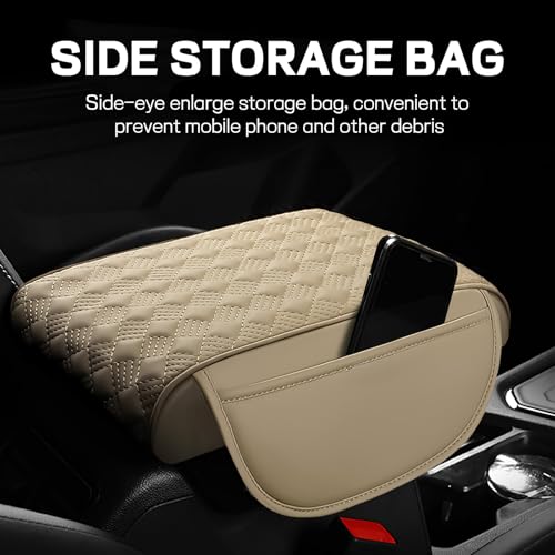 Car Armrest Cushion, 12.2"×8.3" Leather Auto Memory Foam Center Console Pad with Storage Pocket, Waterproof & Anti-Scratch Elbow Pillow Armrest Seat Box Protector, Universal Fit (Beige) - color: Beige