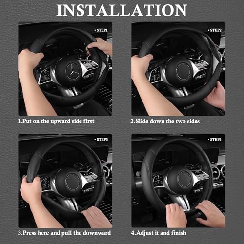 CAR PASS Microfiber Leather Steering Wheel Cover and Waterproof Car Floor Mats,Universal Car Combo Fit for 95% Sedan,SUV,Cars,14.5-15inch Anti-Slip Safety Comfortable Faux Leather Design(Solid Black) - color: All Black