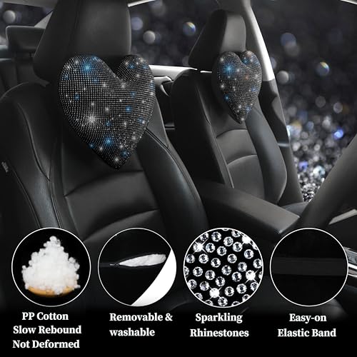 Car Headrest Neck Pillows Rhinestone Automobile Headrest Cover Car Headrest Neck Pillow for Driving with Bling Bling Crystal Car Accessories for Women, Girls and Ladies Black 2 Pieces - color: Black 2pcs