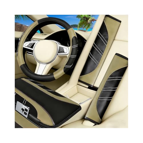 HZEL 4PCS Car Accessories Set, 14.5-15" Non-Slip Soft Microfiber Leather Steering Wheel Cover, Comfortable Seat Belt Cushion, Center Console Armrest Cover, Universal Fit (Black/Beige) - color: Black/Beige