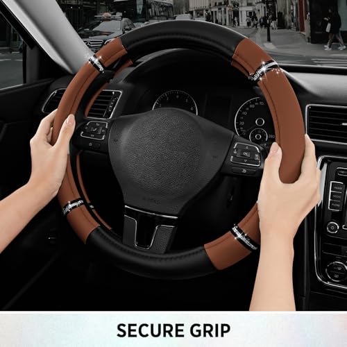 Road Comfort Leather Steering Wheel Cover – Premium Anti-Slip Car Steering Wheel Grip Cover – Universal Fit for 14.5”–15” Cars, Trucks & SUVs - Purple - color: Brown