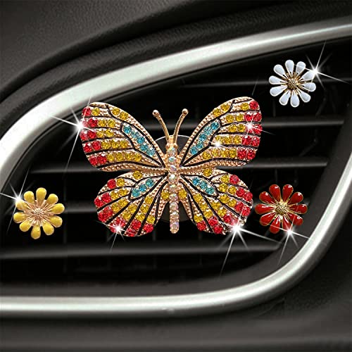 Gold Butterfly Bling Butterfly Car Clip Decor, Cute Car Vent Clips - Rhinestone Air Freshener Set with 3 Daisy Flowers - color: Gold