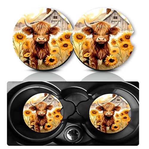 Car Coasters for Cup Holders,2 PCS Universal Non-Slip Highland Cow Cars Coasters,2.75" Cars Cup Drink Holder Coaster Decor Cow Car Accessories Highland Cows Gifts for Women Men - color: Sunflower Highland Cow