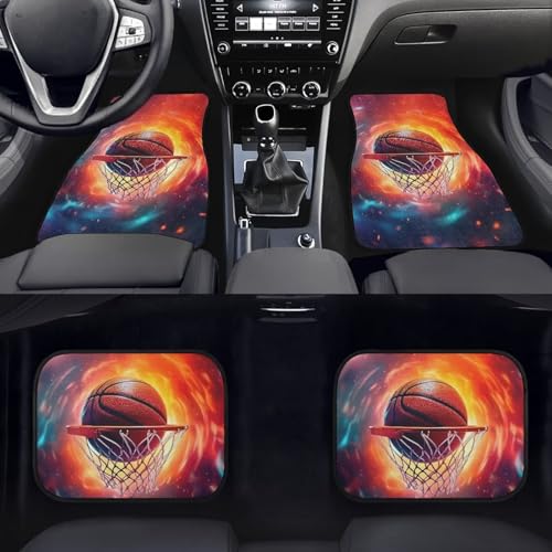 Basketball Print Car Floor Mats Set of 4 Abstract Fire Sports Ball Universal Vehicle Floor Carpet Decorative Auto Front Rear Foot Rugs for Trucks SUV Sedan