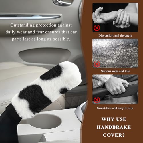 Cow Print Car Handbrake Cover, Cute Cow Print Anti-Slip Plush Handbrake Protector for Winter Warm, Soft Fluffy Comfortable Grip Printed Hand Brake Covers for Women Girls - color: Handbrake Cover