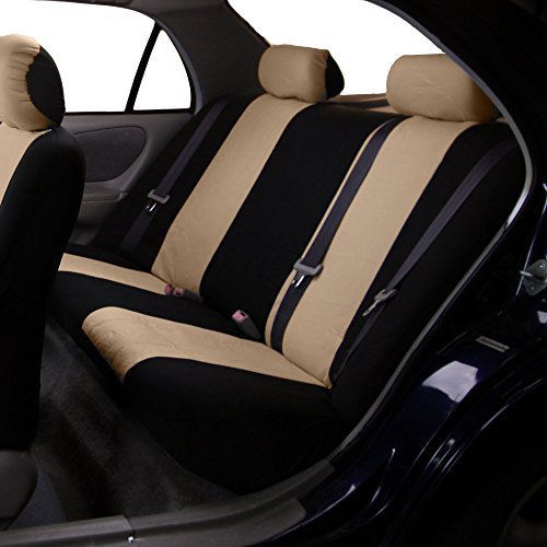 FH Group Flat Cloth Seat Covers Front Seat and Solid Rear Bench Full Set with Gift - Universal Fit for Cars, Trucks & SUVs (Beige/Black) - color: Beige