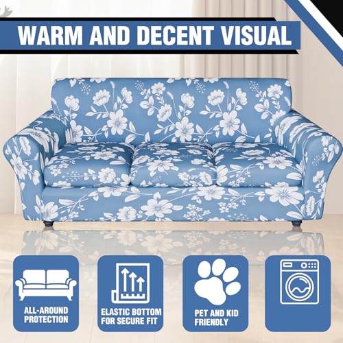 Stretch Couch Covers for 3 Separate Cushion Couch Sofa,Floral Printed Couch Sofa Cover,Washable Sofa Slipcover,Pet Friendly Furniture Protector with Elastic Bottom,Universal Fit for Home(Sofa,Cover)