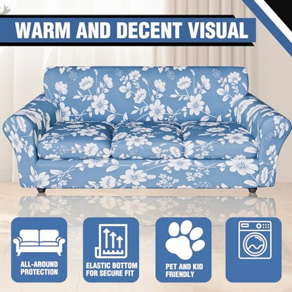 Stretch Couch Covers for 3 Separate Cushion Couch Sofa,Floral Printed Couch Sofa Cover,Washable Sofa Slipcover,Pet Friendly Furniture Protector with Elastic Bottom,Universal Fit for Home(Sofa,Cover)