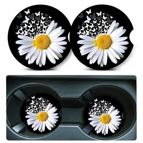 Car Coasters for Cup Holders,2 Pack White Daisy Butterfly Car Cup Holder Coasters,2.75" Universal Size Anti Slip Rubber Mat,Automotive Cup Holder Decal Decor Accessories,Daisy Gifts for Women,Men - color: Daisy+butterfly