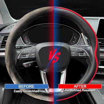 HAOTULE Leather Steering Wheel Cover， with Anti-Slip Stripe Design - Enhanced Grip, Fashion Style, Safe, Non-Slip, Breathable. Upgrade car Interior，Black red - color: Black red