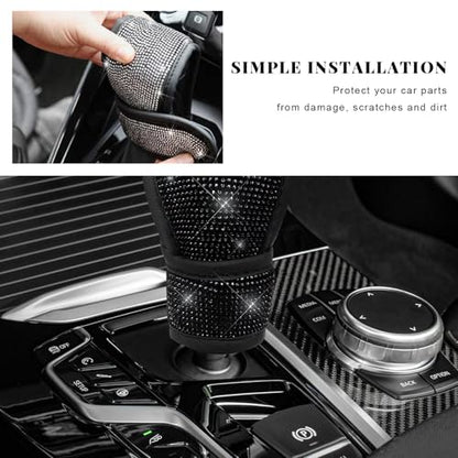 Bling Auto Gear Shift Knob Cover, Rhinestone Glitter Shifter Stick Protector for Girls Women, Sparkly Diamond Transmission Gear Shift Lever Knob Cover for Cars Trucks SUVs (Black) - color: Black