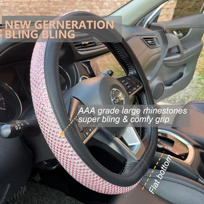 D Shaped Bling Comfy Steering Wheel Cover with Jumbo Crystal Rhinestones, Anti-Slip Diamond Leather, Flat Bottom 14.5-15 Inch (Pink) - color: 2.Pink, size: D Shaped/Flat Bottom[14 1/2''-15'']