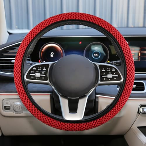 Elastic Stretch Steering Wheel Cover, 15" Breathable Microfiber Ice Silk Steering Wheel Protector, Universal Anti-Slip Car Warm in Winter&Cool in Summer Accessories for Men Women (Red) - color: Red