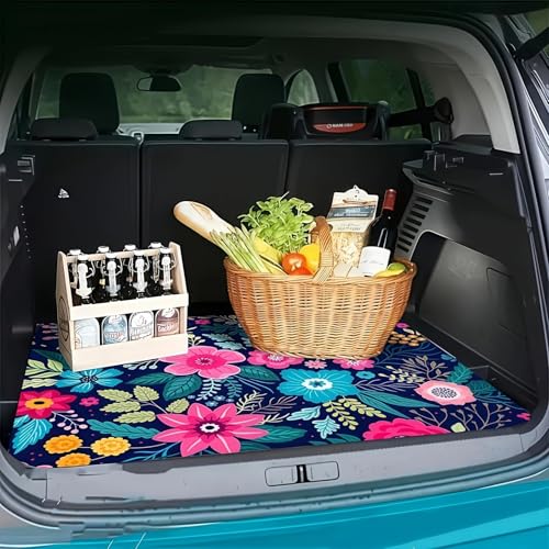 Universal Car Trunk Mat 29" x 39", Pink-Blue Flowers All Weather Trunk Protection Cargo Liner, Durable Cargo Mat Rear Trunk Liner, Stylish Vehicle Interior Accessories Suitable for Most Car Models - color: Pink-Blue Flowers
